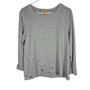 Ruby Rd. Women's‎ Petite Jewel-Neck Foil Gray Hatchi Pullover with Grommets PL